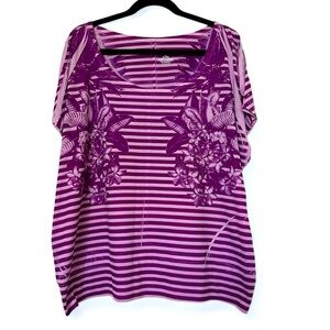 2/$30 Lane Bryant Purple Striped Floral Beaded Cold Shoulder Short Sleeve Top
